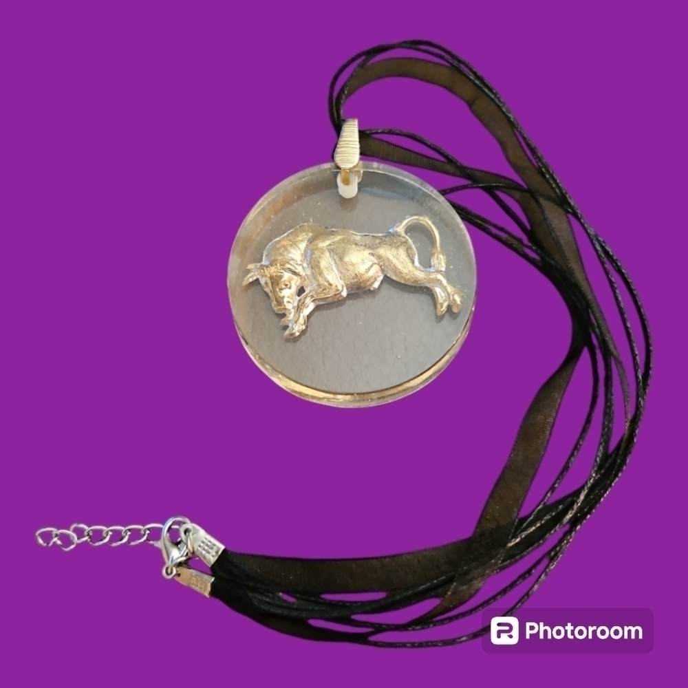 VTG SARAH COVENTRY 1973 Fashion Zodiac Taurus Acrylic Circle Pendant Necklace